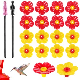 16 Pieces Hummingbird Feeder Replacement Parts Hummingbird Feeder Replacement Flowers Pet Bird Feeders with 2 PCS Brush for Outdoors Hanging Feeders (Red + Yellow)