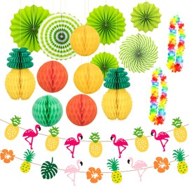 1 Set Hawaiian Party Decoration Set, 2 Pieces Hawaiian Lei, Hawaiian Flower Necklace, Flamingo Decoration, Party Decoration Supplies for Summer Party, Pool Party, Beach Party