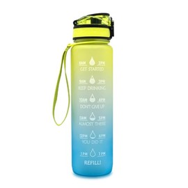 Motivational Water Bottle, Large capacity 32oz/1L, BPA-Free, Push Button Open, Removable Strainer, Easy Carry Handle (Yellow Blue Gradient)-FBA