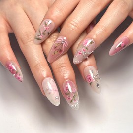 Press On Nails, Summer Flower Fake Nails, Cute Design Floral Stick On Nails, Short Square Almond Ballet Shape Glue on Nails on 24PCS (Almond Pink Rose)