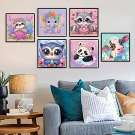 LKHMVCA 6 Pack Cartoon Diamond Painting Kits for Kids Beginners, Cute Animal DIY Diamond Art Kits for Kids, 5D Full Round Drill Big Gem Arts and Crafts, Home Wall Decoration 6x6 inch