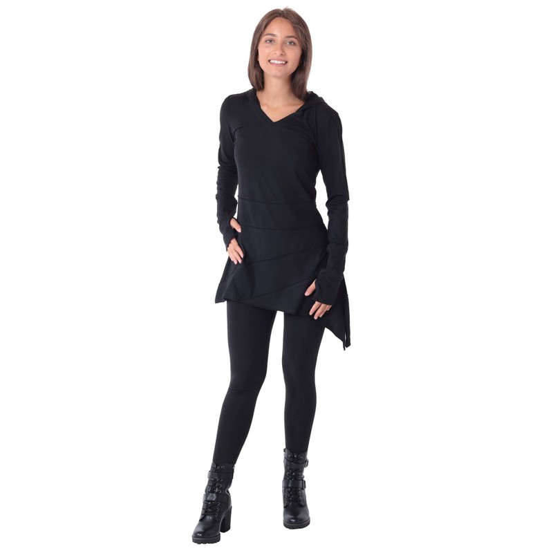 PUREWONDER Long Shirt Tunic Elf Dress Pointed Hood DR60, black