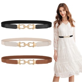 JASGOOD Women Skinny Elastic Belt for Dresses,Thin Retro Stretch Waist Belt with Golden Buckle 2 Pack,Black+Beige,Fit waist size 22-25 inch