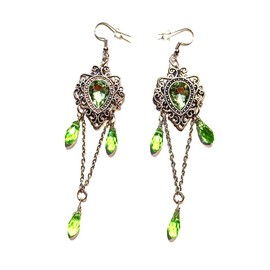 Hypoallergenic Green & Silvertone Romantic Gothic Earrings teardrop "stone" with chandelier chains & beads, Stainless Steel Zinc Acrylic, acrylic
