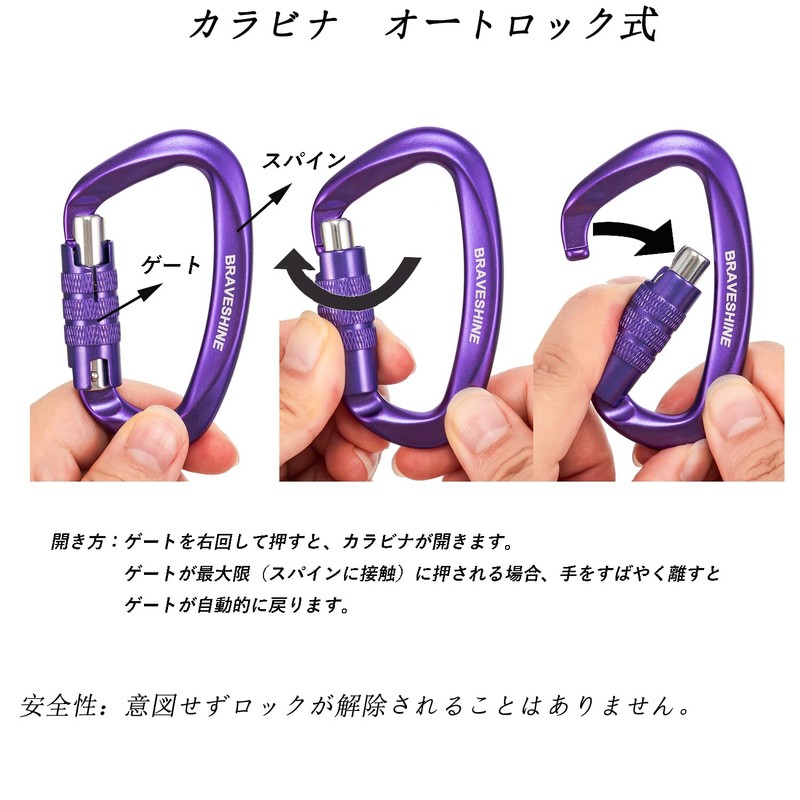 Carabiner 12KN Auto-Lock BRAVESHINE Load Capacity 2,645 lbs (1,200 kg)