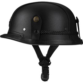 Yesmotor Motorcycle Half Helmet Retro German Handmade Leather Half Face Quick Release Buckle & Goggles - DOT Approved (Black, M)