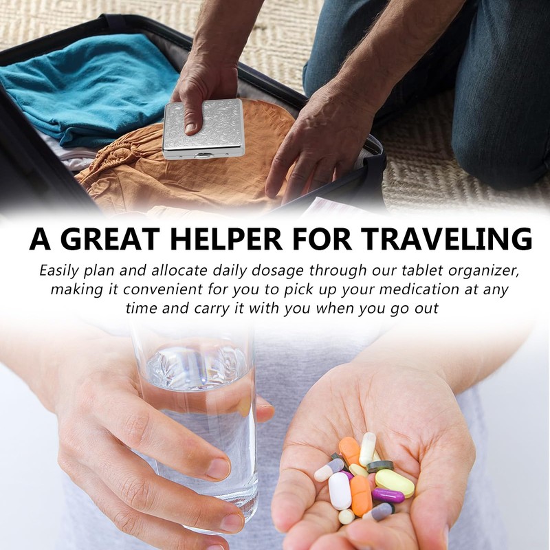 Pill Organizer 7 Days 8 Compartments, Travel Metal Pill Box,