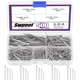 Swpeet 900 Pieces 4 Sizes Hardware Nails Assortment Kit, Silver Galvanised Nails, Small Nails, Pin Nails, Finishing Nails, Nails for Hanging, Wall Nails for Hanging Pictures