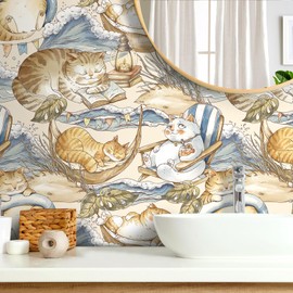 ReWallpaper 17.5in×23ft Cute Cat Peel and Stick Wallpaper Blue Waves Gold Beachy Coastal Wallpaper for Bathroom Removable Tropical Leaves Funny Brown Cat Wall Decor for Cat Lovers Kids Bedroom Walls