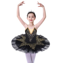 ZX Girl's Ballet Swan Lake Tutu Costume Professional Camisole Skirted Leotard Ballerina Dancewear Fairy Princess Dress, 003 Black, 8-9 Years