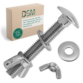 DSM - Carriage Bolts M8 x 70mm DIN 603 - M8 Wing Nut DIN 315 & Washer DIN 125 - A2/V2A Stainless Steel - Square Head Screws - Butterfly Nut - Pack of 10