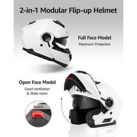 Motorcycle Modular Full Face Helmet DOT Approved - YEMA YM-926 Motorbike Moped Street Bike Racing Crash Helmet with Sun Visor for Adult, Men and Women - White,Large