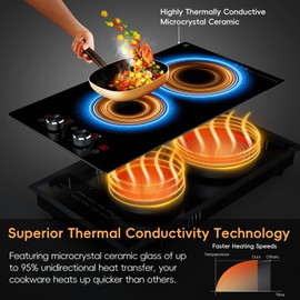 Zarbaco 2 Burner Electric Cooktop 220-240V, 3000W Radiant Electric Stove Top with Built-in Design, 12 inch Knob Control Ceramic Cooktop with Safety Lock, 9 Level Power, Timer - Hard Wire