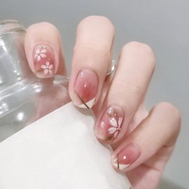 Press On Nails Short Square, Coffin Shape Full Cover Reusable False Nails with Glue, Stick On Nails with Pink Flower Designs, Artificial Fingernails Acrylic Fake Nails for Women, Glue On Nails Medium