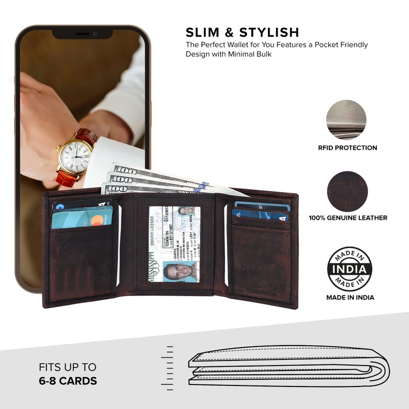 Tri fold Leather Wallet for Men with RFID | Slim