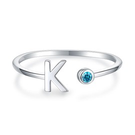 925 Sterling Silver Initial Letter Birthstone Rings for Women Adjustable 1-12 Month Birthstone Alphabet Stacking Ring Stackable Birthstone Rings Birthday Jewelry Gift for Daughter Mom (K, March-3)