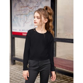 Arshiner Long Sleeve T Shirts for Girls Crop Top for Girls Drop Shoulder Crewneck Casual Fashion T Shirts Tee Black 10-11 Years