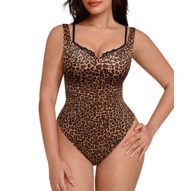 FeelinGirl Sleeveless Soft Cheetah Bodysuit Tummy Control Lace V Neck Thong Shapewear for Plus Size Women Leopard 3XL