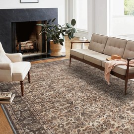 RYB HOME 8x10 Living Room Rugs, Floral Washable Large Area Rug for Bedroom, Vintage Soft Non Slip Stain Resistant Rug for Dining Room Office Farmhouse, 8x10 ft, Brown