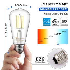 Mastery Mart Dimmable Vintage E26 LED Light Bulb, 5000K Daylight White 5.5W (60 Watt Equivalent), Glass ST21 Antique Edison Style, 500LM, Decorative Filament Bulb, UL and Energy Star, 10 Pack