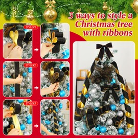 Riceshoot 4 Rolls 20 Yards Christmas Ribbons 2.5 Inch Black Velvet Wired Ribbons with Gold Edge and 10 Inch Wide Mesh Ribbon Rolls for Christmas Tree Decoration Gift Wrapping Bow DIY Crafts