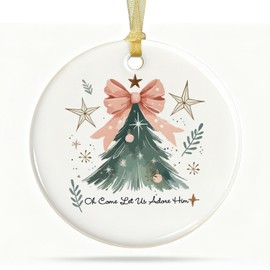 Cute Pink Bow Christmas Tree Ceramic Ornaments, Preppy Cute Decor Round Ceramic Ornaments, Christmas Sublimation Decorations, Xmas Hanging Ornament for Xmas Tree Window