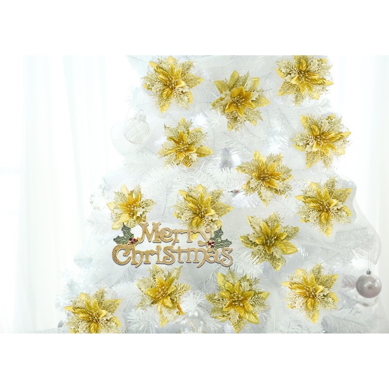 GREENTIME 12 Pcs Glitter Poinsettia Artificial Flowers Christmas with Clips