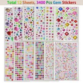 Behidiruch 3400 Pcs Gem Stickers, 12 Sheets Self Adhesive Jewel Stickers for Crafts, Rhinestone Stickers for Kids, Bling Gemstone Stickers Decorative Diamond for DIY, Assorted Colors Shapes