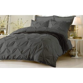 Kotton Culture 600 Thread Count 3 Piece Pinch Pleated Textured Duvet Cover Set 100% Egyptian Cotton with Zipper Closure & Corner Ties with 2 Pillow Shams (Cal King/King, Charcoal Grey)