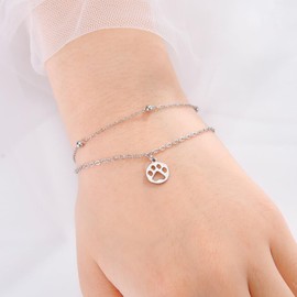 Paw Print Disc Layering Bracelet Anklet for Women Girls Stainless Steel Minimalist Adjustable Cat Dog Animal Double Layered Beaded Foot Chain Anklets Bracelets Cute Initial Birthday Jewelry (Silver)
