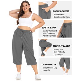 FOREYOND Plus Size Capri Pants for Women Loose Fit Yoga Pants with Pockets Workout Activewear Sweatpants Grey