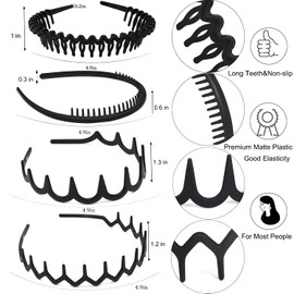 ULTIMUTE 8 PCS Fashion No Slip Effortless Plastic Headbands with Teeth Comb Black Skinny Headbands Hair Bands for Women Men Teen Girls, Matte Black