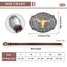 VONMELLI Western Belt Cowboy Belt for Men Women, Embossed Leather Men's Western Waist Belt for Jeans with Longhorn Bull Buckle Brown, S