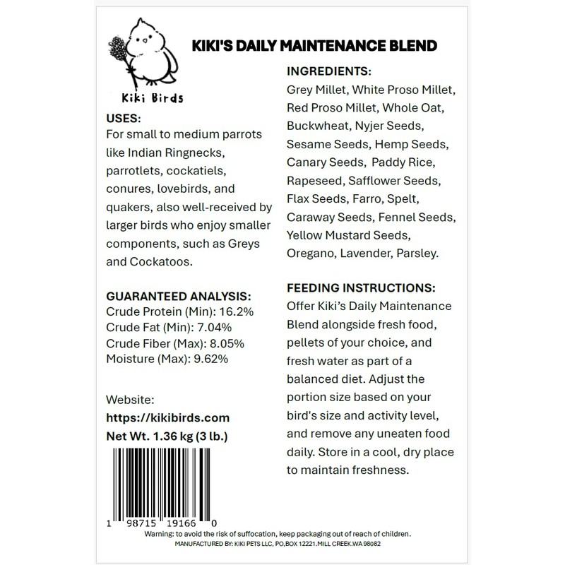 Kiki’s Premium Parrot Food| Protein-Rich Low-Fat Formula | Cockatiel, Conure,