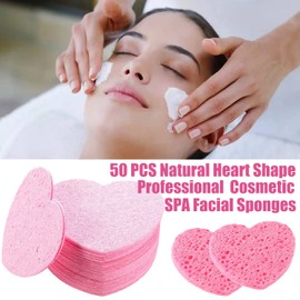 Donano 50 PCS Facial Sponges,Compressed Sponges,Heart Shape Face Cleansing Sponge, Natural Sponges Pads for Daily and Gentle Exfoliating, Reusable, Pink,1