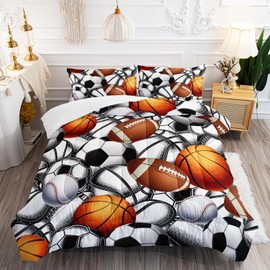 AILONEN Basketball Comforter Set Full Size, Sports Bedding Set Football Soccer Ball Print Comforter Set,Sport Basketball Bed in a Bag Duvet Set for Teen Boys, 1 Quilt and 2 Pillowcases, 3 Pieces