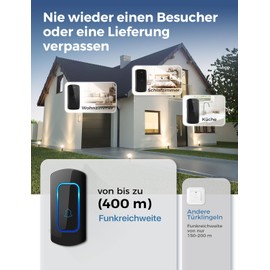 Wireless Doorbell Set, Wireless Doorbell with 400 m Range, Waterproof Wireless Bell Outdoor, 52 Ringtones, 5 Volume Levels, 2 Plug-in Receivers