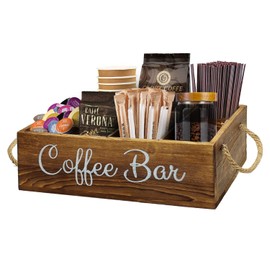 QUALLON Coffee Station Organizer with Small Removable Dividers, Wooden Coffee Bar Accessories Storage For Countertop, Farmhouse Kcup Coffee Pod Holder Basket With Handle For Coffee Lover