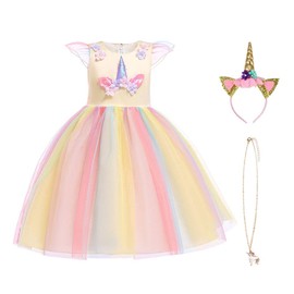 URAQT Unicorn Costume, Princess Unicorn Dress Fancy Dress with Necklace, Headband for Kids & Toddlers Birthday/Cosplay/Hallween Party,Yellow 120CM