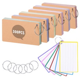 Flash Card, 300 Pcs Revision Cards 5x3 (12.7 * 7.6cm) Index Cards Coloured Flashcards Lined Record Card with 6 Metal Binder Rings, Ruled Cue Card for School Office Home Study Revision Supplies