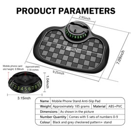 Shakas Multifunction Car Anti-Slip Mat, Rotatable Phone Holder with Temporary Parking Number, Plaid Decoration Phone Key Coin and Sunglasses Storage Pad, for Cars Portable Accessories (Black #C)