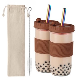 Amyoole 2 Pack Reusable Boba Cup,24Oz Wide Mouth Smoothie Cup,mason Jar Glass Cups with Lids and Straws,Bubble/Boba Tea Cups,Ice Coffee Tumbler 2 colored straws 1 sponge brush(Brown)