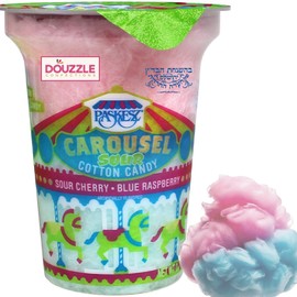 DOUzzle Carousel Cotton Candy - Pink & Blue Spun Floss Sugar Retro Candy, Sour Cherry & Raspberry Flavor (1 Pack) Carnival Snack, Birthday Party Favor, Goodie Bag Stuffer, Piñata Filler - Kosher Parve