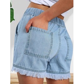 DEICAEVO Jean Shorts Womens High Waisted Denim Shorts with Pockets Elastic Waist Drawstring Summer Casual Shorts Light Blue XL