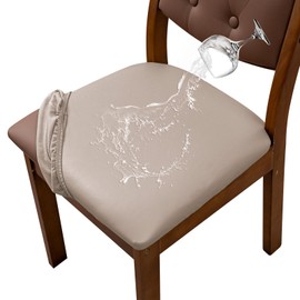 YUEANG Waterproof PU Leather Seat Covers for Dining Room Chairs Set of 2, Stretch Dining Chair Slipcovers, Kitchen Chair Seat Covers, Non-Slip & Washable (Khaki)