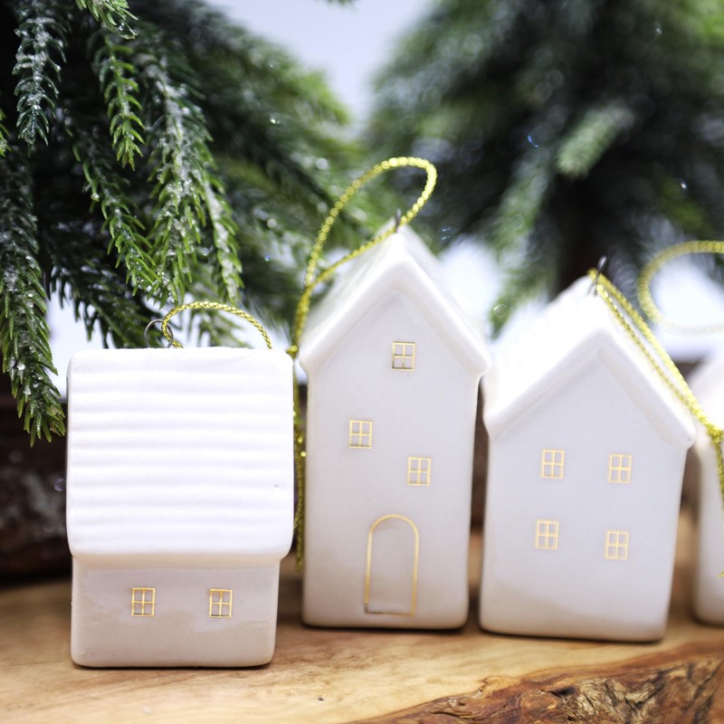 Set of 4 Small White Scandi Snow Ceramic Houses Baubles