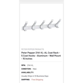 Peter Pepper Products Coat Rack Wall Mounted - 5 Hooks Heavy Duty Commercial