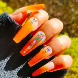 24PCS Orange Bling Crystal Press On Nails Long Coffin Ballerina Fake Nails False Nails Full Cover Nail Tips for Women and Girls