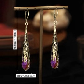 Indian Ethnic Vintage Gold Brone Sparkly Crystal Teardrop Dangle Drop Earrings Bohemian Gypsy Retro Rhinestone Hook Earrings for Women Love Statement Jewelry Gift (Colorful Purple)