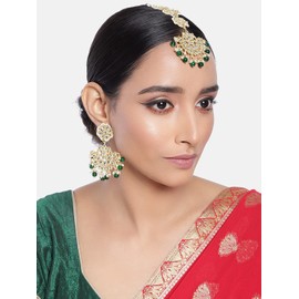 Aheli Ethnic Faux Kundan Drop Pearl Beads Dangle Aretes Maang Tikka Set Bollyood Wedding Party Fashion Jewelry para mujeres (Kundan Pearls Green)